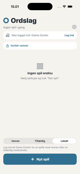Forsiden i Ordslag med valg af spiltype og knappen Nyt spil