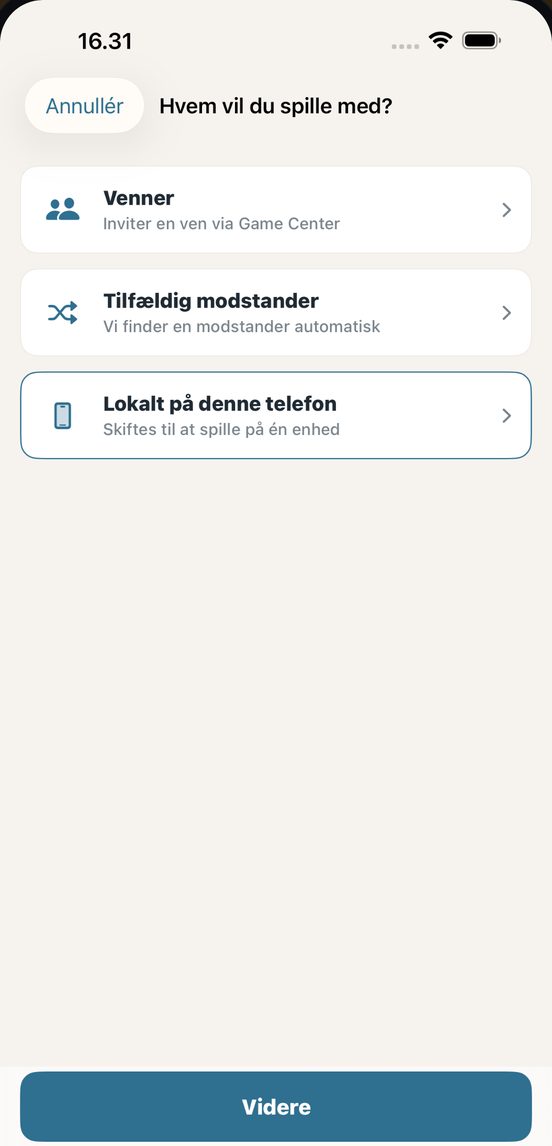 Skærmen Nyt spil med valgene Venner, Tilfældig modstander og Lokalt på denne telefon
